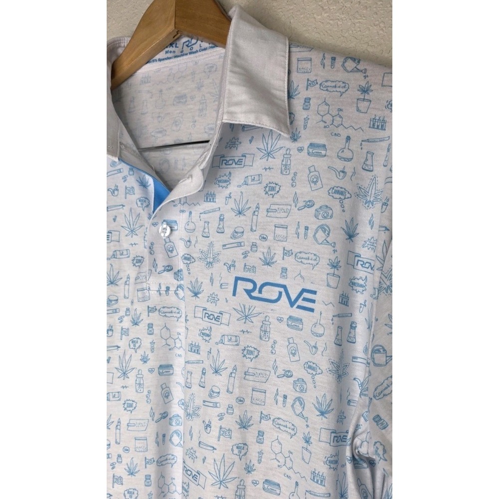 New ROVE GOLF Men XXL White Cannabis 420 Weed Smoke Vape Polo Shirt Grow Bong